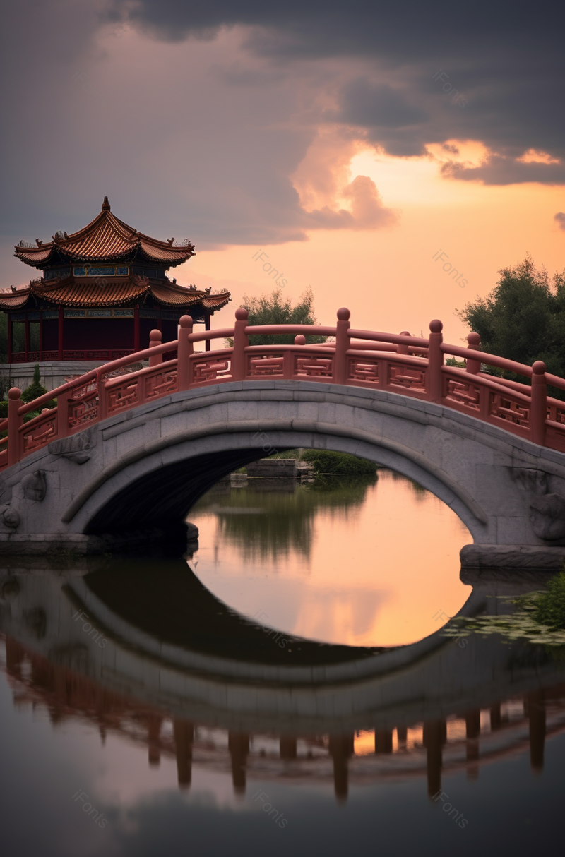 傍晚落日拱桥古建湿地湖面,高清,摄影图,摄影图片,图片大全,摄影图免费下载